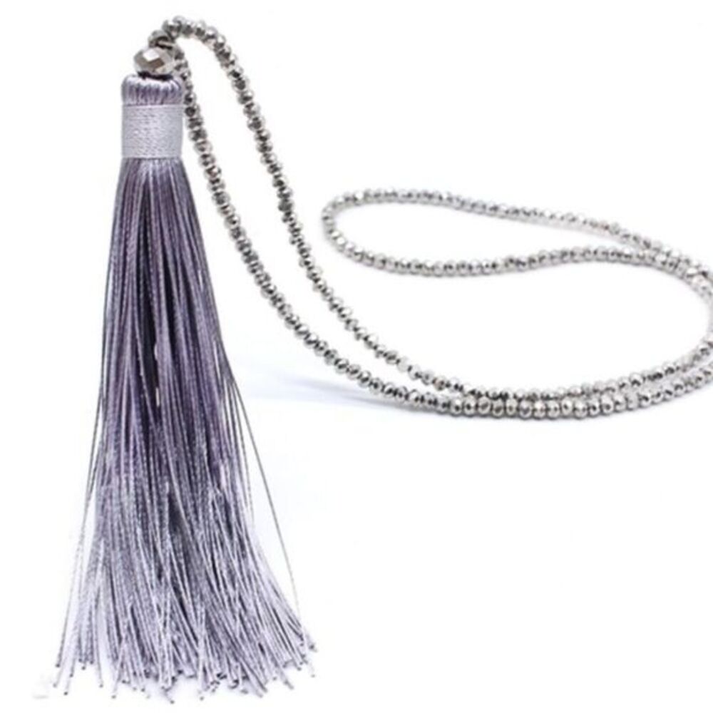 Sparkly silver grey beaded tassel necklace